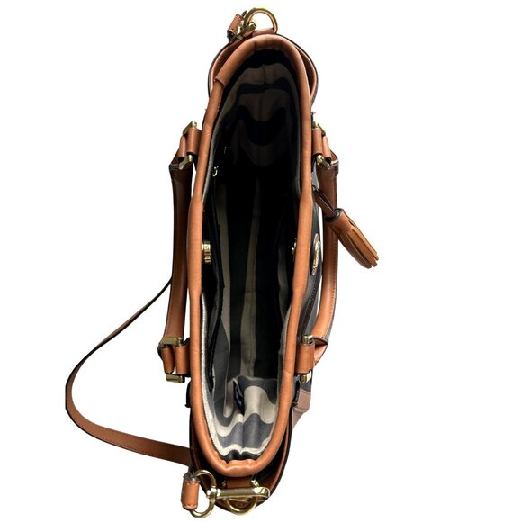 Kate Landry Black & Tan Satchel Handbag With Tassel Accent Crossbody Strap - Picture 4 of 11